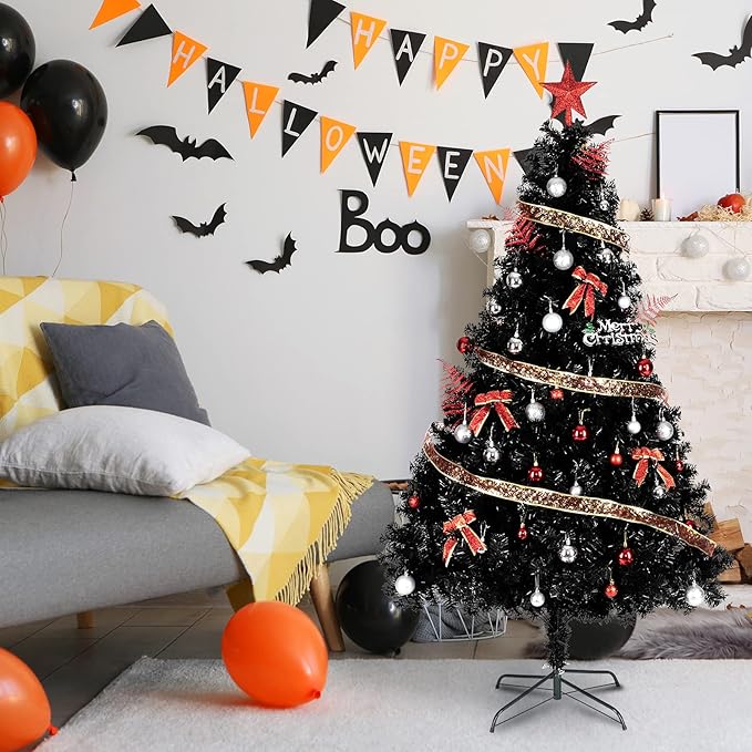Bonnlo Upgraded Full 6ft Artificial Black Halloween Christmas Tree Holiday Decoration w/ 1,600 Branch Tips, Sturdy Metal Stand