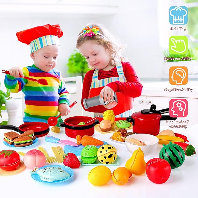 134 Pcs Toy Kitchen Accessories, Pretend Cooking Toys with BBQ Grill, Pressure Cooker, Kettle, Pots, Pans, Kitchen Playset for Cutting Play Food, Christmas Birthday Present for Boys Girls
