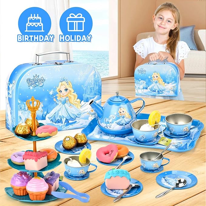 43-Piece Princess Tea Set Playset for Kids – Pretend Play Kitchen Toy with Teapot, Desserts & Carrying Case | Toddler Tea Party Toys, Imaginative Role Play, Birthday Gift for Girls Ages 3-8
