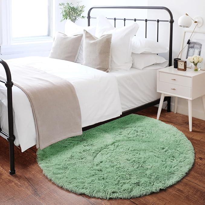 ONASAR Sage Green Round Area Rugs 5ft, Fluffy Soft Bedroom Circle Rug for Kids Girls Boys Teen Room, Cute Furry Plush Shaggy Carpet Floor Mat for Nursery Living Room Playroom Dorm Home Decor