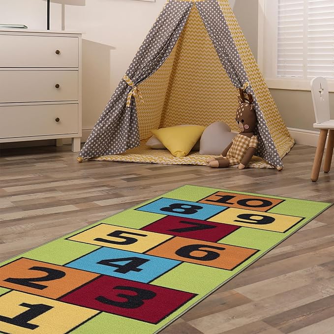 Ottomanson 2'7" x 6' Hopscotch Kids Rug - Play Mat for Playroom, Bedroom, Daycare & Classroom - Fun & Interactive Game Carpet - Durable and Non-Slip - Perfect for Learning & High-Traffic Areas, Green