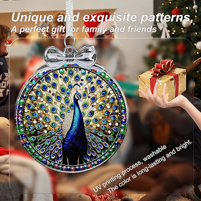 Peacock Stained Glass Christmas Ornament - Hanging Ornaments for Christmas Tree Decorations -Holiday Keepsake Present Exchange Idea