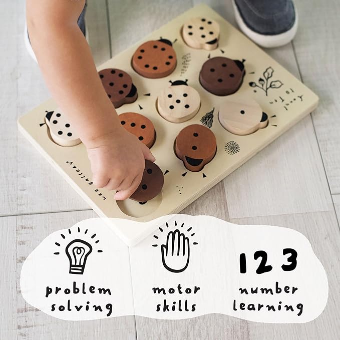 Wee Gallery Wooden Tray Puzzle Count to Ten Ladybugs, Montessori Toy for Toddlers and Preschoolers for Early Learning and Fine Motor Skill Development, Sustainable Educational Puzzle for Kids