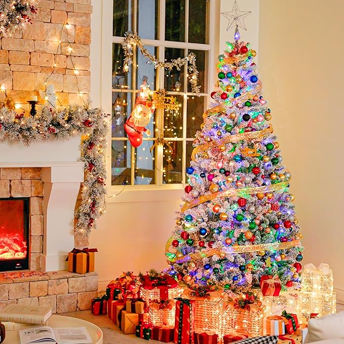 Hykolity 7.5ft Prelit Artificial Christmas Tree, 10 Light-Mode Snow Flocked Christmas Tree with 450 Multicolor LED Lights, 1446 PVC Tips, Easy Setup Xmas Trees with Sturdy Metal Stand