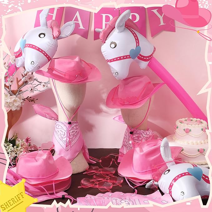 Xtinmee 48 Pcs Kids Cowboy Party Favor with Cowboy Hats Inflatable Stick Horses Bandanas Heart Glasses for Kid Costume(Pink)
