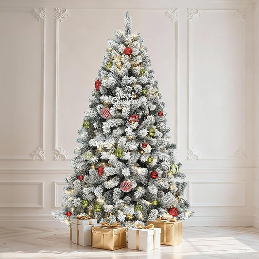 DWVO 6 ft Prelit Snow-Flocked Artificial Pine Christmas Tree, Full Xmas Tree with 250 Lights, 11 Lighting Modes, 1000 Tips, Foldable Base for Home and Party Decor with Remote Control