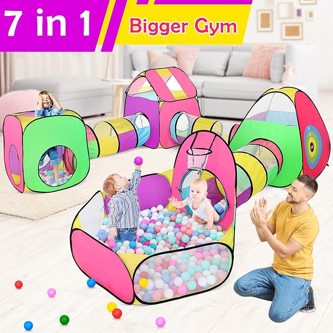 7PC Play Tent for Baby with 1 Ball Pit, 3 Kids Tents and 3 Tunnels, Large Indoor/Outdoor Playhouse, Boys & Girls Birthday Gift or Toy Playset, Target Game