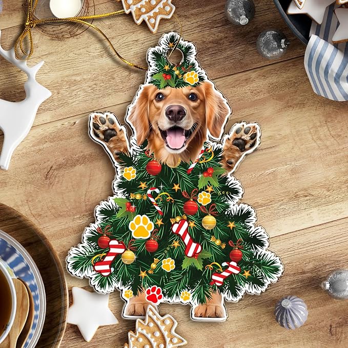 2025 Golden Retriever Dog Christmas Ornament - Adorable Dog Dressed as a Christmas Tree - Fun and Festive Acrylic Decoration (Golden Retriever Xmas Tree)