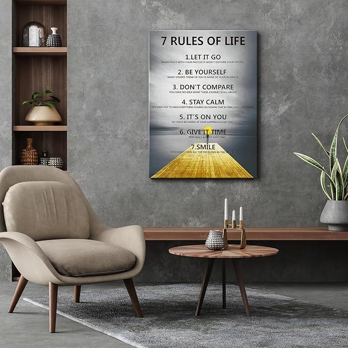 7 Rules of Life Motivational Wall Decor Inspirational Wall Art for Office & Home - Positive Quotes Canvas Prints Ready to Hang, Uplifting Wall Decor for Living Room, Bedroom or Office Wall Art