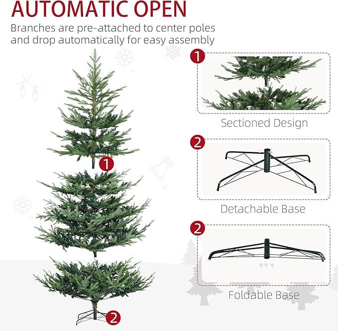 HOMCOM 7.5 Foot Artificial Christmas Tree, Nordic Pine Hinged Xmas Tree with 1218 Realistic Branches, Wide Steel Base, Auto Open, Green