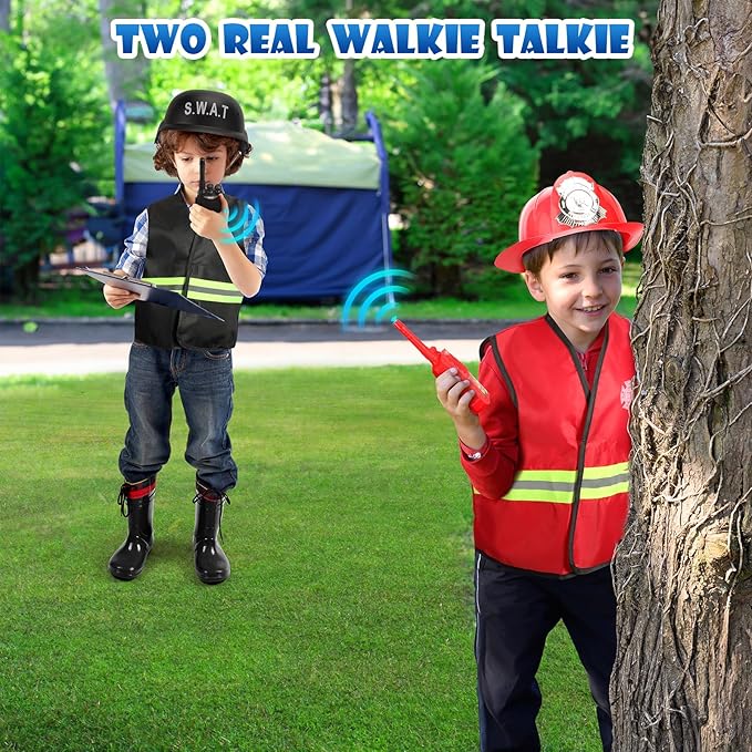 Boys Dress up Trunk Costumes Set,15pcs Pretend Role Play Set Fireman, Police, Construction Worker Costume with Accessories for Kids Ages 3-7