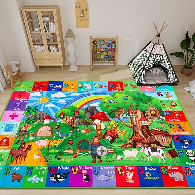 ABC Kids Rug for Playroom 59"×39.4" Hobbit House Educational Kids Playmat Alphabet Animal & Shape Learning, Premium Non-Slip Playmat for Toddlers Letters Farm Animals Color Classroom Carpet