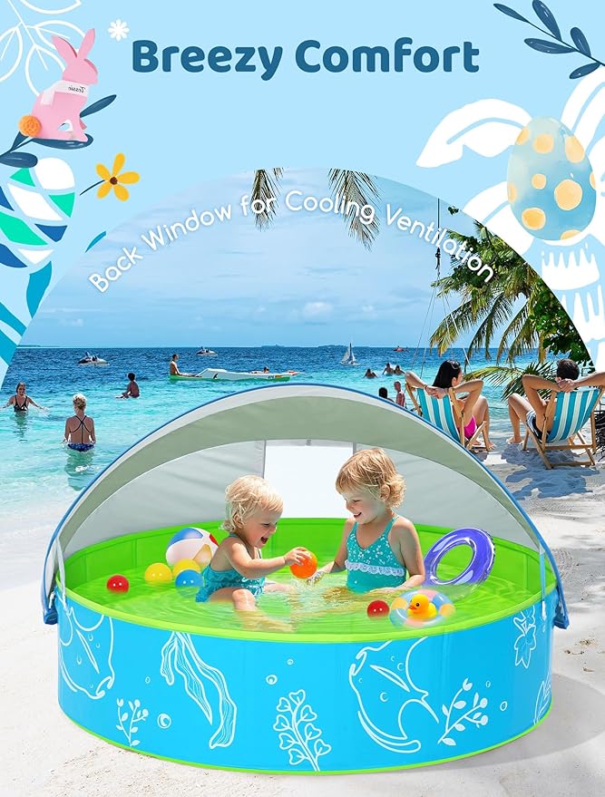 Foldable Kiddie Pool with Canopy: 47in Baby Pool and Beach Tent for Toddlers Infants 6-12 Months and Kids 2-4 Years Old - Portable Water Play with Shade for Outdoor Backyard Beach (Blue-Green)