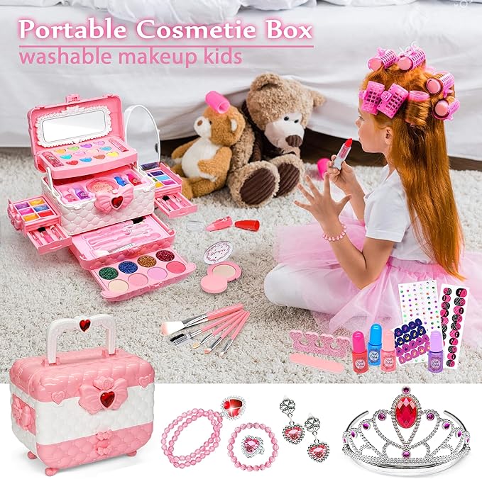 Kids' Makeup Kit - Little Girls' Pretend Play Makeup Vanity for Toddlers to Tweens, Princess Theme, Ages 3-10