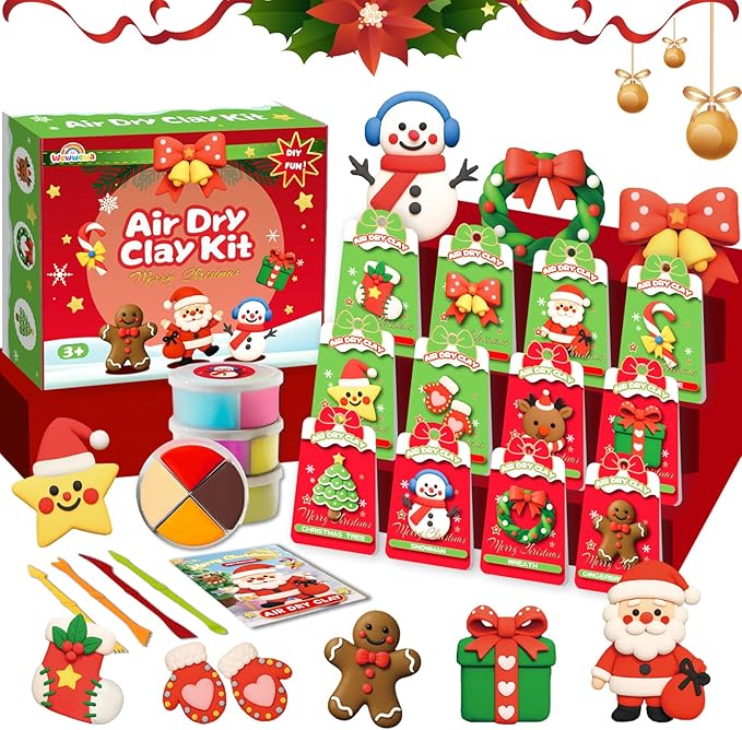Air Dry Clay Kit Christmas Craft for Kids – 12 Holiday Themes Modeling Clay with Tools & Step-by-Step Guide, DIY Art & Craft Set, Creative Party Favors, Perfect Christmas Gifts & Stocking Stuffers