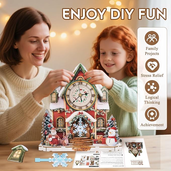 3D Puzzles for Adults Clock-Christmas House Design Model Kit-Mechanical DIY Pendulum Clock with Roman Numerals-Desk Home Office Decor Personalized Gift for DIY Lovers