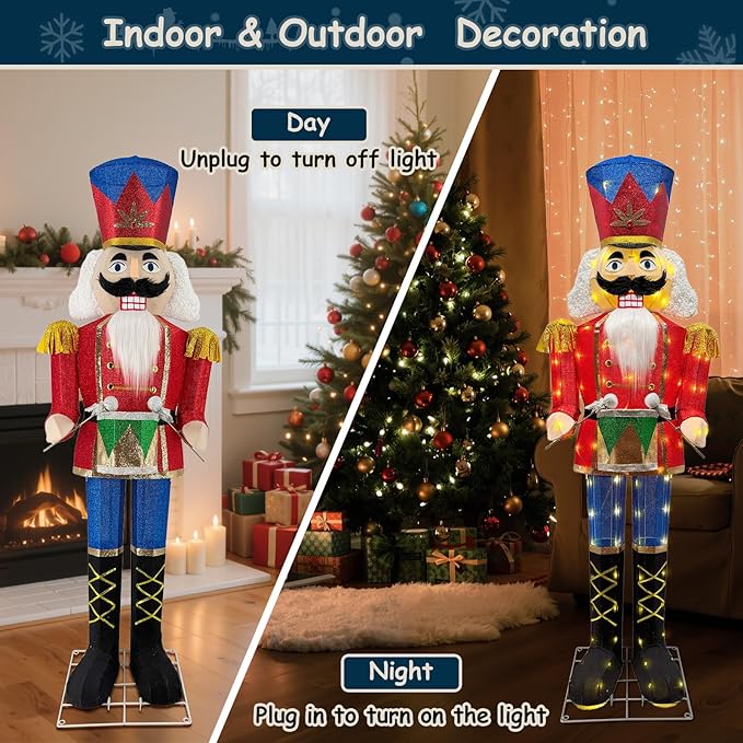 5FT Outdoor Christmas Lighted 3D Nutcracker with Drum,100 LEDs Lighted-up,Outdoor Lighted Holiday Displays with Stakes & Zip Ties for All-Weather Christmas Yard Decoration, Porch, Lawn