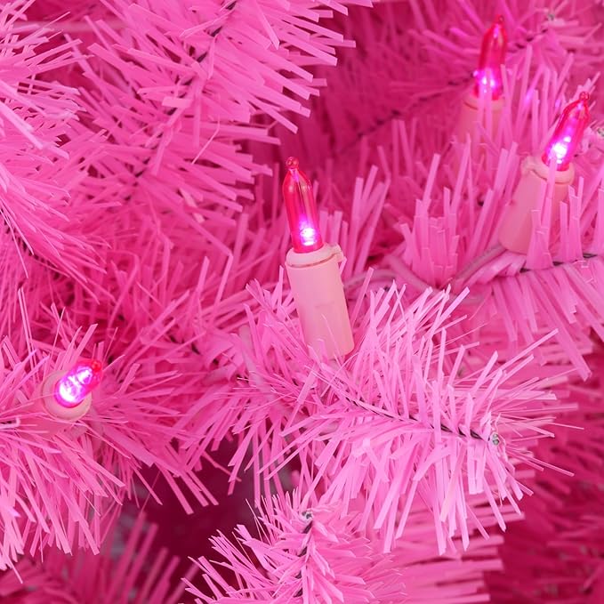 YULETIME 6.5 Feet Pre-Lit Pink Christmas Tree, Artificial Holiday Decorative Tree with UL Listed 300 Pink LED Christmas Lights with Matching Color Wire