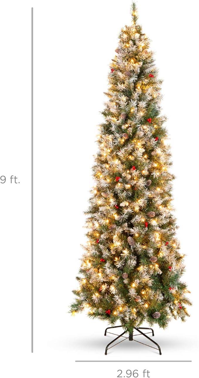 Best Choice Products 9ft Pre-Lit Pencil Christmas Tree, Partially Flocked Pre-Decorated for Home, Skinny Frosted Holiday Tree w/ 1,298 Tips, 460 Lights, Pine Cones, Metal Hinges & Base