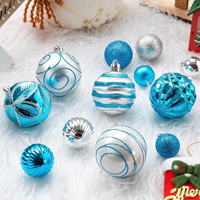100Pcs Christmas Ball Ornaments Set, Shatterproof Plastic Blue and Silver Christmas Ornaments for Xmas Tree, Assorted Baubles Hanging Decorations for Holiday/Party/Wedding