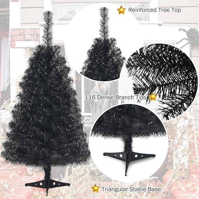 GOLFLAME 3FT Artificial Christmas Tree, Premium Mini Xmas Pine Tree with Stand Base Thicken Tips, Great Holiday Decoration (Black)