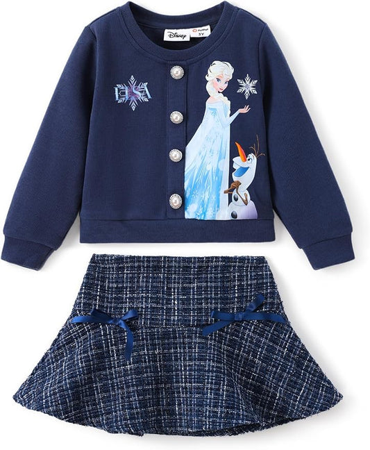 Disney Frozen Elsa Stitch Princess Moana Minnie Toddler Girl 2 Piece Outfit Kid Pearl Button Knit Top & Tweed Skirt Set 2-13Y