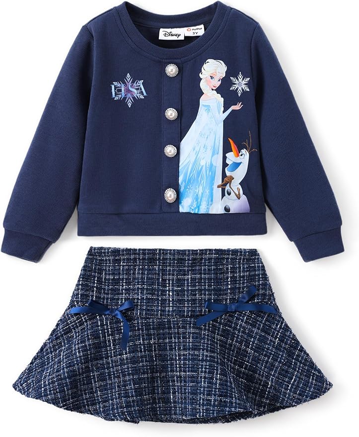 Disney Frozen Elsa Stitch Princess Moana Minnie Toddler Girl 2 Piece Outfit Kid Pearl Button Knit Top & Tweed Skirt Set 2-13Y