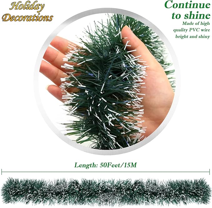 50FT Green Christmas Tinsel Garland Decorations to Christmas Tree, Thick and Thin Metallic Streamers Foil Tinsel Twist Garland Decor Home Indoor Outdoor Party Supplies