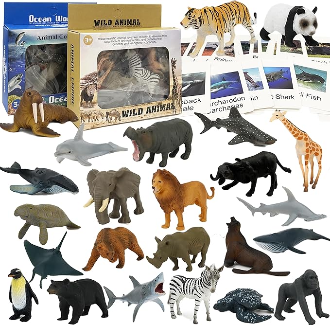 Mbrain 24 Pcs Plastic Realistic Small Safari & Ocean Animal Figures with Flash Cards, Learning & Montessori Toys for 3-5 Year Olds