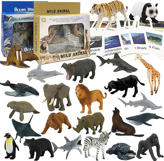 Mbrain 24 Pcs Plastic Realistic Small Safari & Ocean Animal Figures with Flash Cards, Learning & Montessori Toys for 3-5 Year Olds