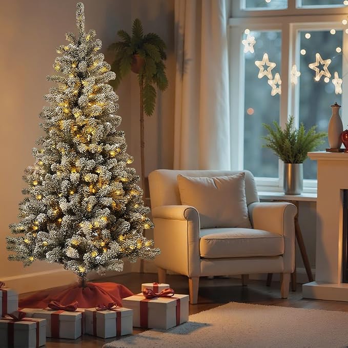 6FT Pre-Lit Snow Flocked Christmas Tree with 300 Warm White LED Lights, 575 PVC Branch Tips, Fake Xmas Snowy Trees,Pre-Hinged & Foldable Base for for Indoor, Office, Party, Holiday Décor
