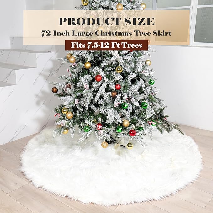 72 Inch White Faux Fur Christmas Tree Skirt with 4.5" Extra Long Pile– Ultra Plush Snow-Like Tree Collar for 7.5-12 Ft Trees