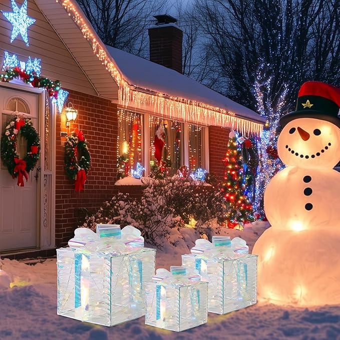 Christmas Light Gift Box Decorations, 3-Piece Set, Pre-Strung Wired Gifts with Bows, Illuminate Christmas Tree Skirt Decorations. Suitable for Indoor and Outdoor Use.（White）