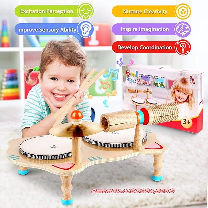 oathx Kids Drum Set All in One Montessori Musical Instruments Set Toddler Toys Natural Wooden Music Kit Baby Sensory Toys Months Birthday Gifts for Girls Boys