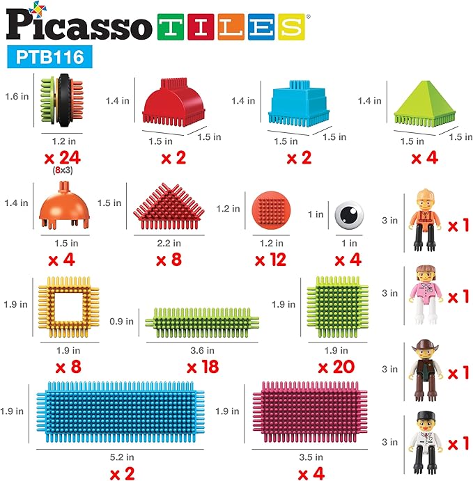 Picasso Toys 116pc Hedgehog Construction Building Blocks Toy Set Interlock Tiles with Idea Book, 4 Action Figure Characters, 4 Decorative Eyes STEM Learning Kit Playset for Boys Girls 3 and Up PTB116
