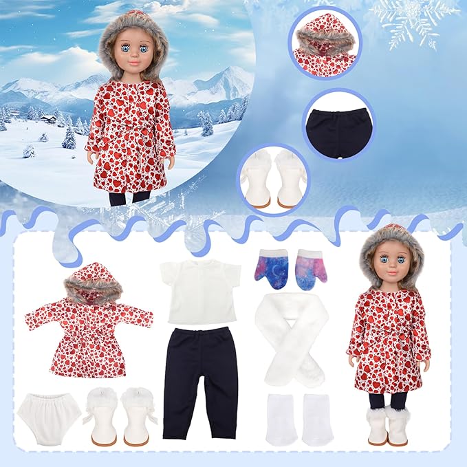 18-inch Doll Down Jacket, Winter Clothing, 5 Colors/Patterns, White-Red Heart Print, 18 inch Baby Doll Clothes, Accessories Set