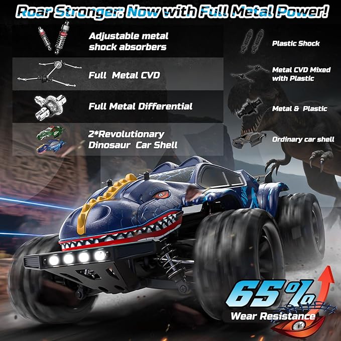 DEERC 9308E 1:16 Fast RC Cars for Boys Age 8-12 RC Monster Truck 40 KPH,All Terrain 4WD High Speed Dinosaur Truck 2 Car Shell,2.4Ghz Off-Road Remote Control Cars with 2 Batteries, Toy Gift for Kids
