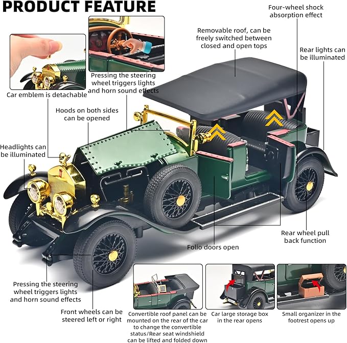 Model Car Kits Adults and Boys 1/24 Diecast Cars Phantom Generation Vintage Car Collectibles,Die Cast Metal Pull Back Cars with Lights and Sounds,Toy Cars for Boys Age 3-12（Green）