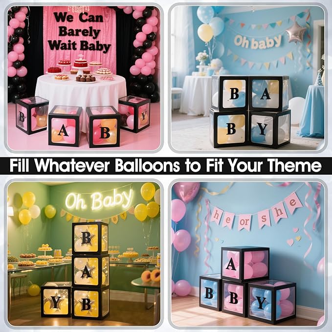 Ledido Baby Boxes with Letters for Baby Shower Decorations, 4 pcs Clear Baby Balloon Boxes Blocks for Baby Shower Decor with Letters for Boy Girl Gender Reveal Decorations Backdrop Party (Black)