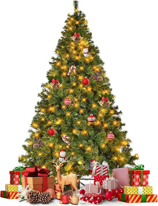 6ft Prelit Artificial Christmas Tree, Fake Xmas Tree with 250 LED Lights, 1060 Branch Tips, Metal Hinges, Pre-Lit Christmas Tree for Home Office Decoration