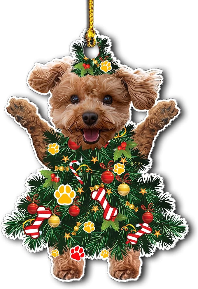 2025 Poodle Dog Christmas Ornament - Adorable Poodle Dog Dressed as a Christmas Tree - Fun and Festive Acrylic Decoration