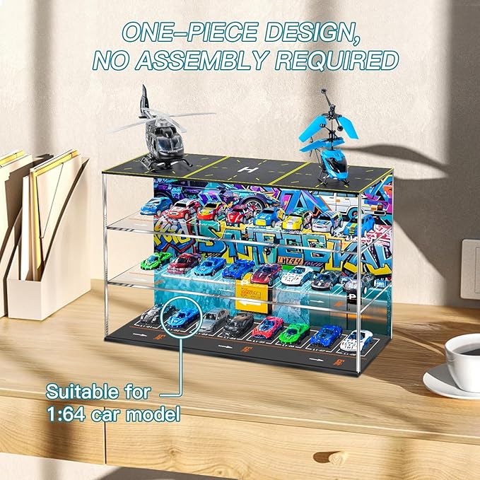 1/64 Scale Toy Car Garage Storage with Led Light, Model Car Display Case with Parking Lot Scene for Hot Wheels and Matchbox Cars, Die Cast Diorama for Alloy Car Model Aircraft with Airport
