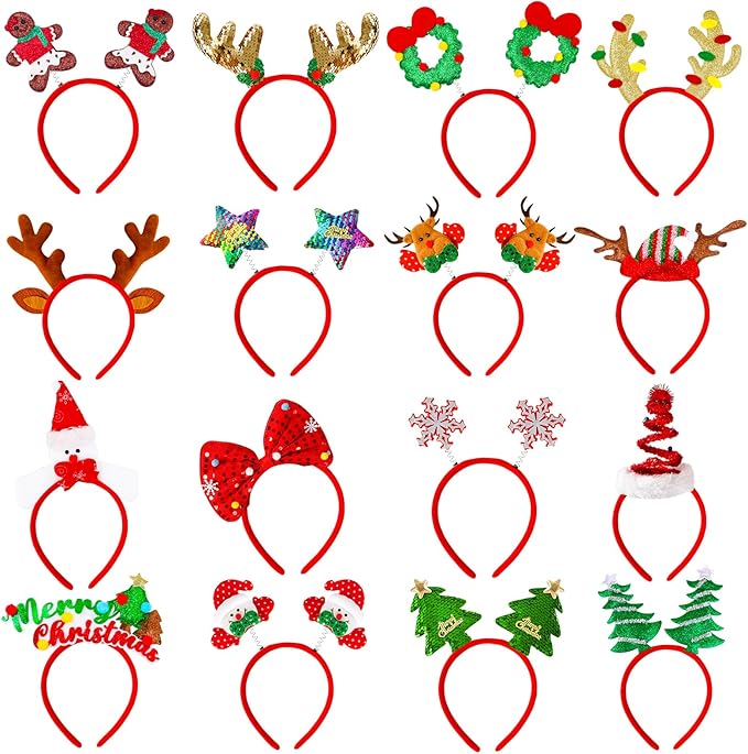 MGparty 16 pcs Christmas Headbands Christmas Parties Favors Decoration Supplies Xmas Gifts Photo Booth Xmas Tree Snowman Reindeer Antlers Santa Hat