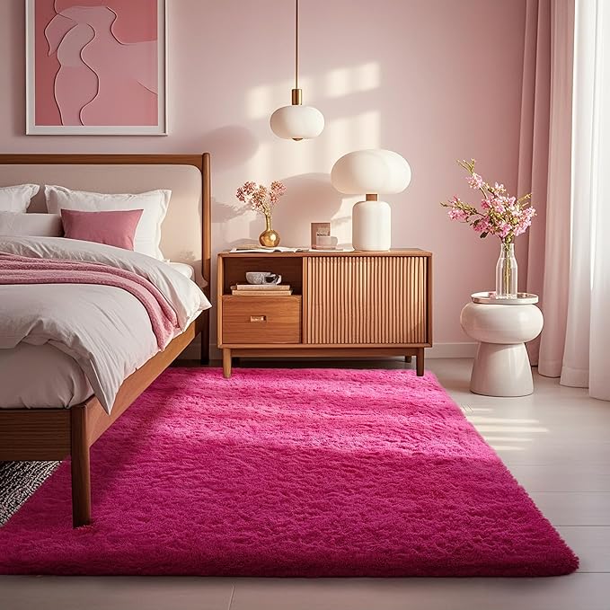 Ophanie Hot Pink Rugs for Bedroom Living Room, Fluffy Fuzzy Furry Carpet, Plush Soft Shaggy Bedside Indoor Floor 4x6 Area Rug for Kids Girls Boys Baby Teen Dorm Nursery Home Decor Aesthetic