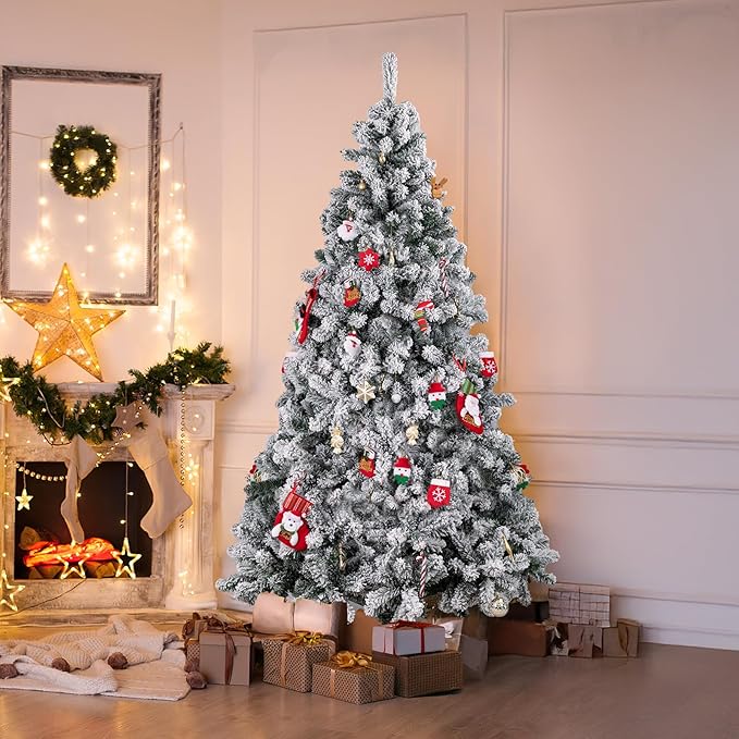 7ft Snow-Flocked Artificial Christmas Tree, Premium Unlit Holiday Xmas Tree for Home Office Party Decoration with 1000 PVC Hinged Branch Tips, Foldable Stand