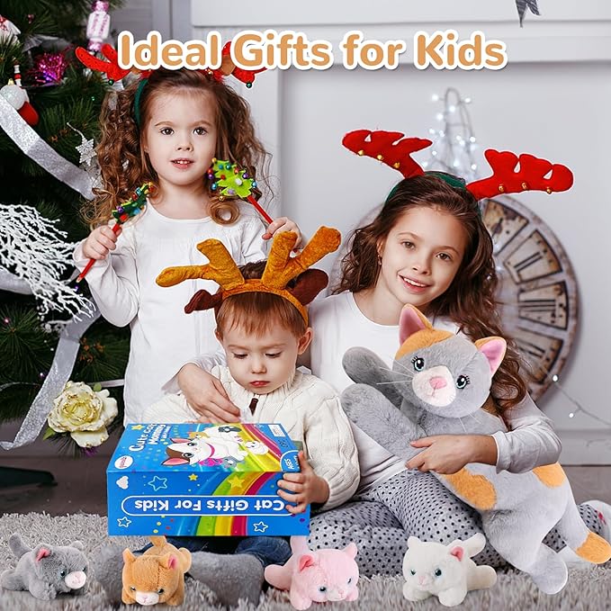 5 Pieces Cat Stuffed Animals with Babies Inside Belly - 1 Mommy Stuffed Cat with 4 Kittens - Stuffed Kitty Plush Toys for Kid Age 3-8, Gift Ideal for Christmas, Valentine's, Birthday (Grey)