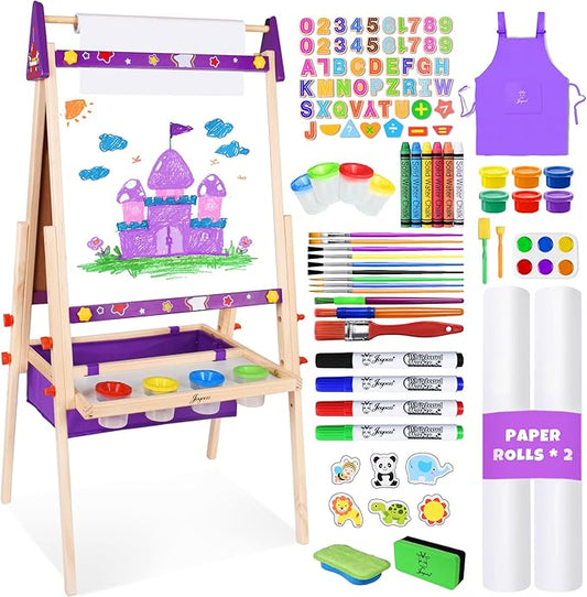 Joyooss Art Easel for Toddlers, Adjustable Standing Wooden Easel - Whiteboard & Chalkboard, Dry Erase Board for Kids Age 2-12