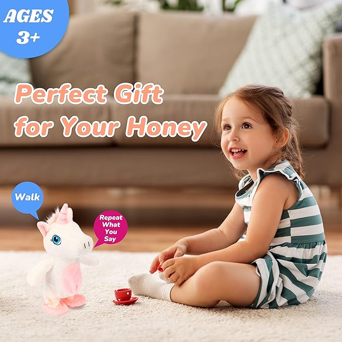 Hopearl Talking Unicorn Repeats What You Say Walking Electric Interactive Animated Toy Speaking Plush Buddy Gifts for Toddlers Birthday, 9.5''