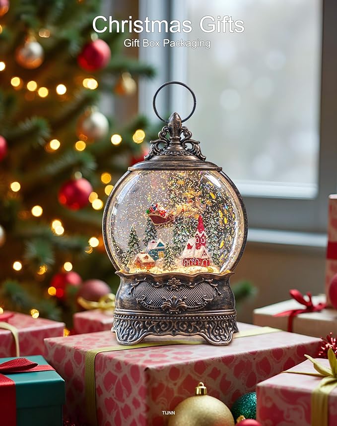 12.1" Snow Globe Lights, Santa Sleigh Car Flying Scene, Musical Flashing Water Lights, USB and Battery Powered Christmas Decoration Gifts