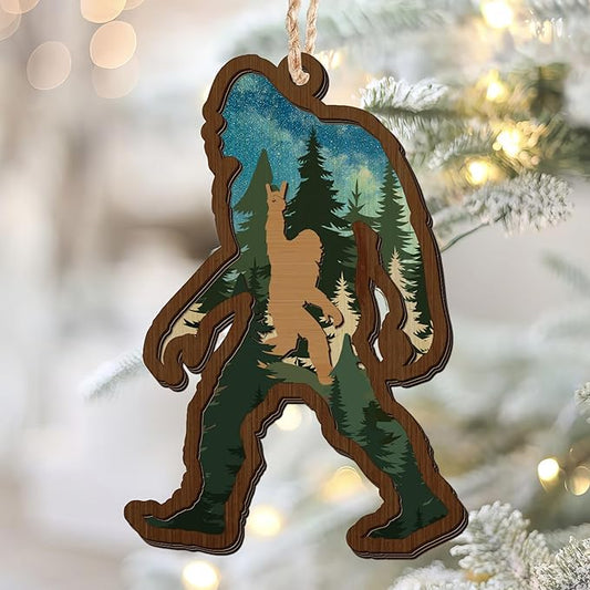 OASSIE Bigfoot Christmas Ornaments Gifts for Men Women - Triple-Layer Wooden Christmas Ornaments 2025 for Tree Decorations - Big Foot Sasquatch Gifts for Friends Family, White Elephant Gift